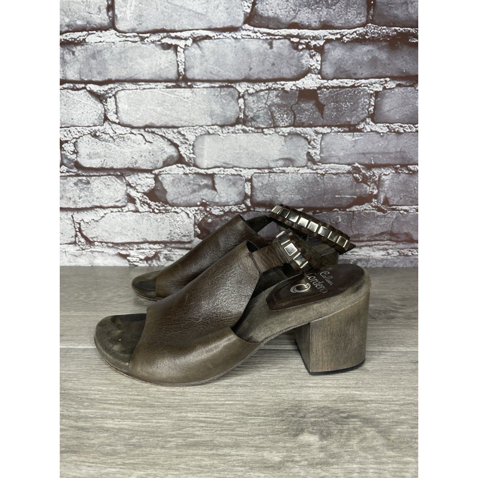 Calleen Cordero Brown Leather Studded Ankle Heel Sandals Womens Sz 85m Us39eu